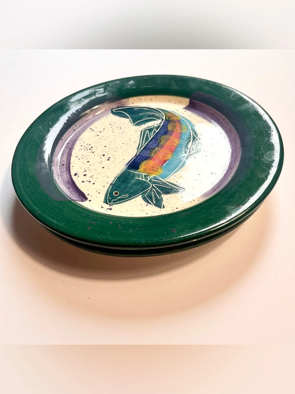 (2) Dinner Plates Backsplash Pottery Julie Ueland White Salmon, WA 1999 Fish